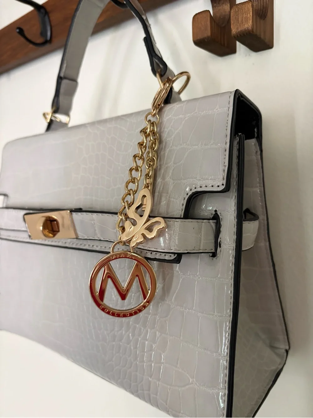 Gray Croc-Embossed Top Handle Bag with Gold Charm